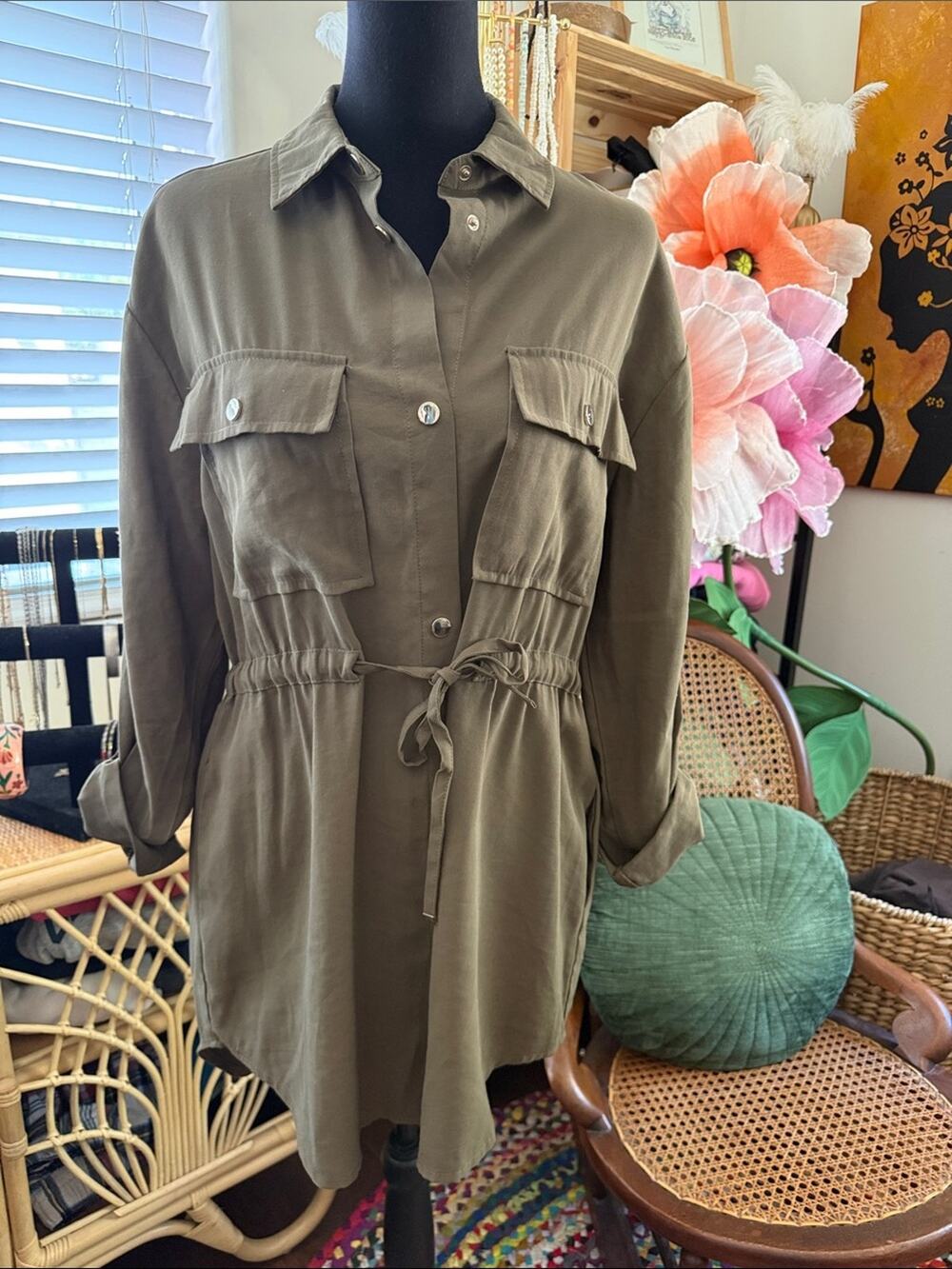 Zara Army Green Snap Waist Tie Preppy Utility Mini Duster Military Shirt Dress
